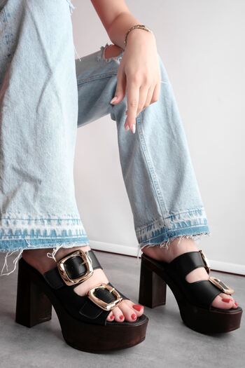 Lal Shoes & Bags Lora Women's Double Belted Big Buckle Detailed Thick Heeled Slippers-Black