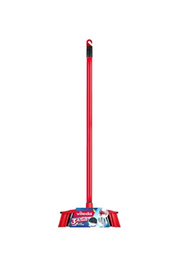 Vileda 3 Action Indoor Floor Broom With Stick Red