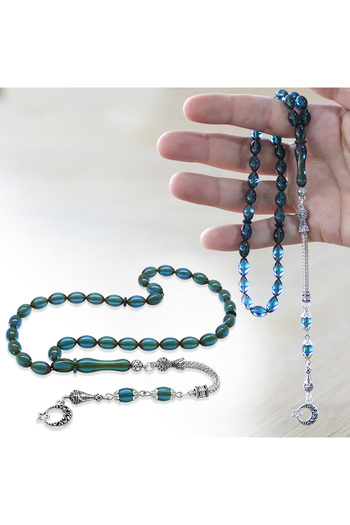 Tesbihane Ayyıldız Non-Tarnish Metal Tasseled Barley Cut Turquoise Fire Amber Prayer Beads