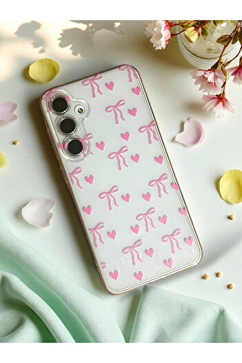 Merwish Samsung Galaxy A15 and A25 Compatible Pink Heart and Bow Pattern Transparent Case Cover