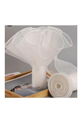 Sosyete shop Pearl Ruffled 1 Meter (35Cm×100Cm)Flower Tulle Bridal Bouquet Tulle for Decoration and Arrangements