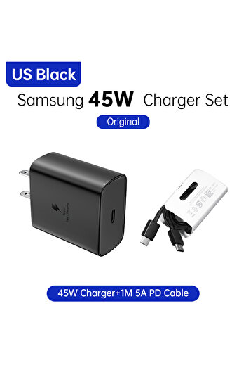 Samsung Black 45W US set 45W Original PD Cable usb type-c wired 25W 5A Super Fast Charger S2