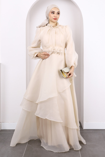İmajButik Beige Balloon Sleeve Layered Evening Dress