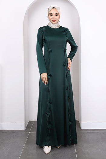 İmajButik Emerald Green Satin Evening Dress with Floral Detail