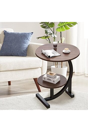 rexa Modern 2-Tier Round Side Table with Faux Marble Tops & Black Metal Base