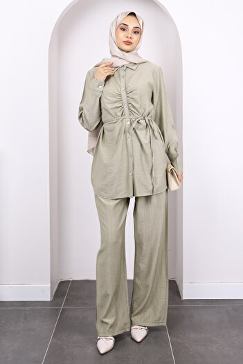 İmajButik Khaki Front Draped Tunic Trouser Suit