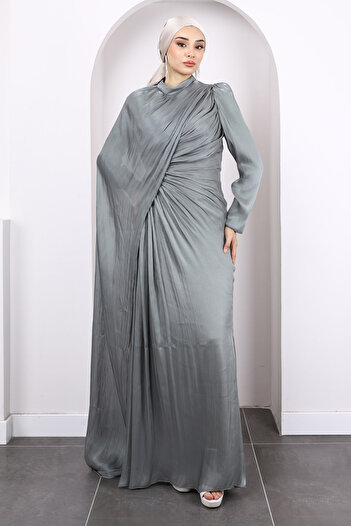 İmajButik Khaki Front Draped Chiffon Evening Dress