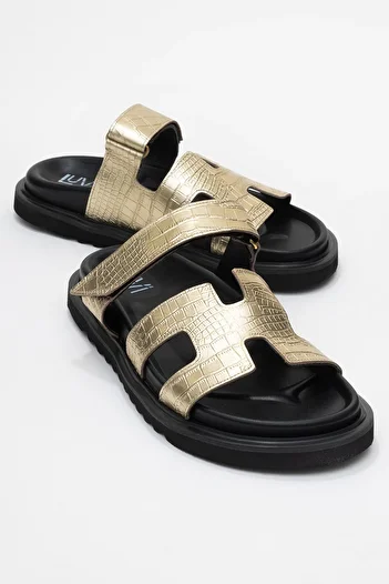 LuviShoes Loana Gold Print Genuine Leather Women's Slippers