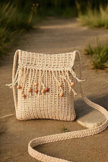 Katusa Women's Cream Color Beaded and Tasseled Knitted Adjustable Strap Phone Bag