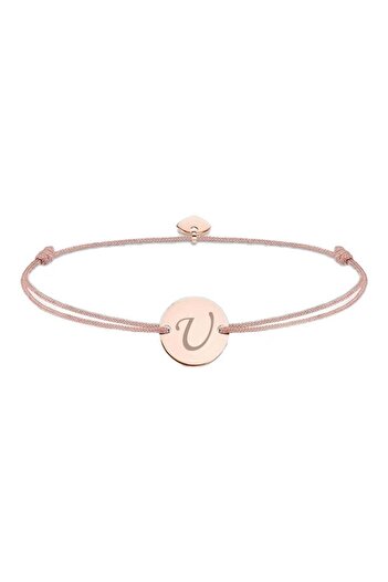 dalimag Adjustable Bracelet with Round Pendant and Heart, Rose Gold Color, Engraved Letter U, Beige String