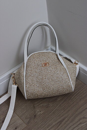 mossi White Faux Leather Women's Hand and Shoulder Bag with Straw Look