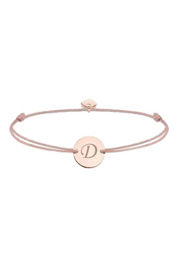 dalimag Adjustable Bracelet with Round Coin and Heart in Rose Gold, Engraved Letter D, Beige Cord