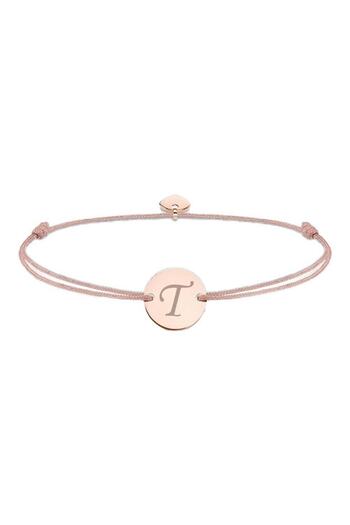 dalimag Adjustable Bracelet with Round Pendant and Heart, Rose Gold, Beige Cord, Personalized with Letter T