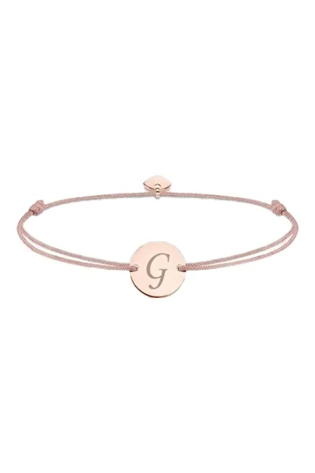 dalimag Adjustable Bracelet with Round Pendant and Heart, Rose Gold, Engraved Letter G, Beige Cord