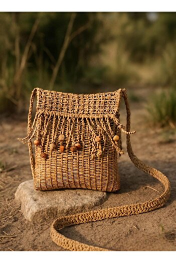Katusa Women's Straw Beaded and Tasseled Knitted Adjustable Strap Phone Bag