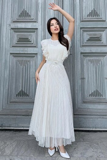 lodmela Strapless Neckline Shoulder Ruffle Detail Belted Evening Dress 2282-White