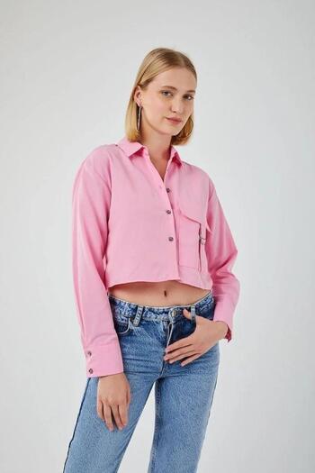 Mixray 4444 Women's Epaulet Crop Shirt Candy Pink