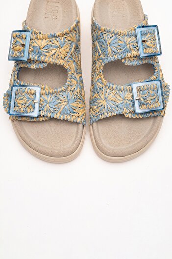 LuviShoes Milana Blue Patterned Genuine Leather Buckle Double Strap Women's Slippers