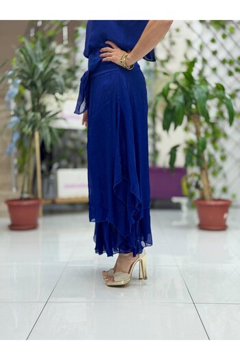 Punta Otantik Ls79796 Italian Silk Skirt with Tie Front Navy Blue