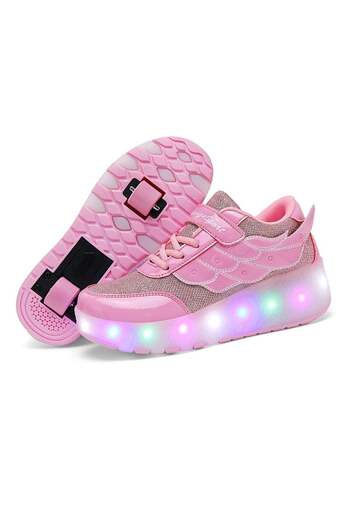 huitich Pink Double-Wheel LED Roller Skate Shoes for Kids – Deformable Sneakers Size 29