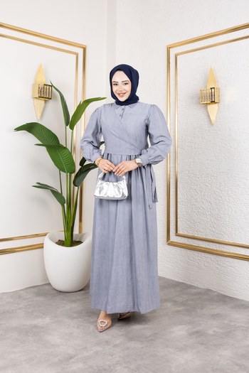 Viskosa Judge Collar Button Accessory Belted Waist Hugging Floor Detailed Comfortable Fit Hijab Dress