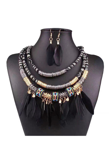 Choice Black Fashion Vintage Ethnic Feather Choker Necklace Earrings Set For Women Multilayer Nekclace Earr