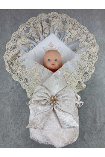 Biçomi Newborn Palace Velvet Crown Embroidered Pearl Bow Double Lace Veil Trilux Swaddle Baby Blanket