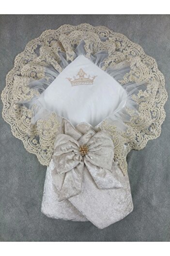 Biçomi Newborn Palace Velvet Crown Embroidered Pearl Bow Double Lace Veil Trilux Swaddle Baby Blanket