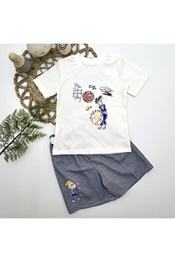 Kef 1-2-3 Year Old Knight Boy Printed Short Sleeve T-shirt with Shorts 2-Piece Baby Boy Set Navy Blue