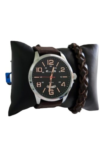 OEM Men's wristwatch with brown leatherette bracelet, buckle closure, analog display, quartz mechanism