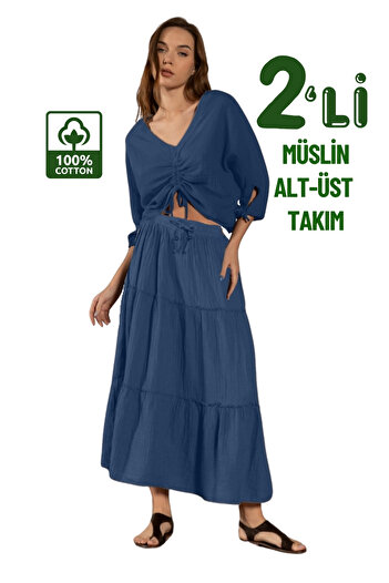 clavia Muslin Shirt and Skirt Bottom-Top Set, Summer Long Skirt, Muslin Shirt V-Neck Crop, Gathered Bustier