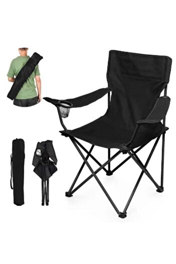 unbranded Foldable Camping Chair with Armrests and Cup Holder, Lightweight Beach Chair 50cm x 50cm x 80cm Blac