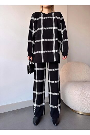 Işıltı kidss Plaid Knitwear Suit Black and White
