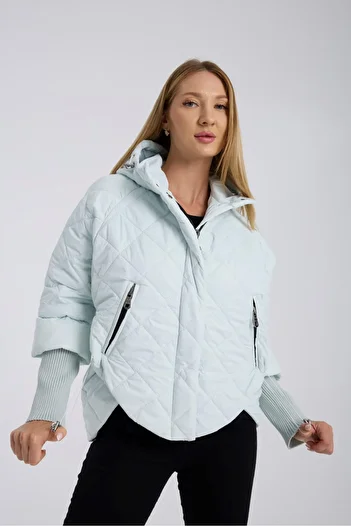 G-FOX Women's Fixed Hooded Knitwear Rib Detailed Quilted Sports down Coat - Stylish and Warm Design 8704