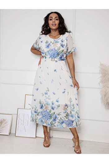 UniqueStore.ro Midi Dress With Blue Floral Print, Belt And Delicate Pleats - One Size