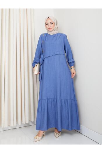 HARMAN BUTİK Women's Tie Detail Strawberry Fabric Blue Dress