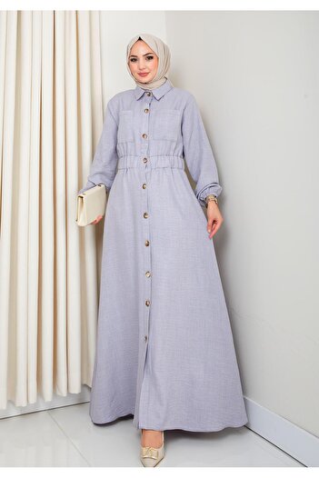 HARMAN BUTİK Women's Pocket Detailed Buttoned Belted Gray Linen Dress