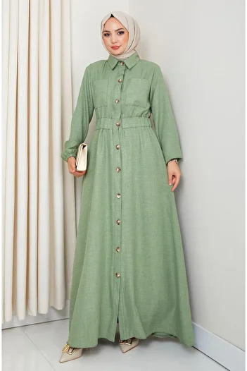 HARMAN BUTİK Women's Pocket Detailed Buttoned Belted Khaki Linen Dress