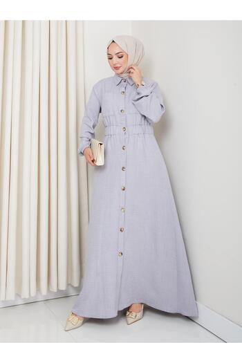 HARMAN BUTİK Women's Pocket Detailed Buttoned Belted Gray Linen Dress