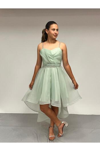 BUTİKHAPPYKİDS Girls' Evening Dress Mint Green Stone Cord Strap Heart Collar Tailed Chiffon Evening Dress 9-16 Years