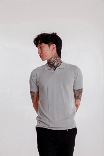 The Champ Clothing Men's Gray Polo Neck Knitwear T-Shirt – Short Sleeve Modern Comfortable Fit Summer Model