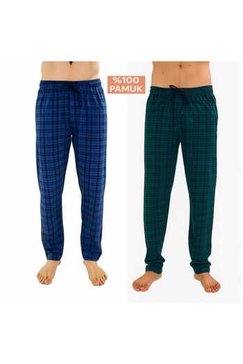 DÜVEN Men's Cotton Plaid Green & Indigo 2-Piece Single Bottom Pajamas - Seasonal Men's Unisex Pajama Bottoms