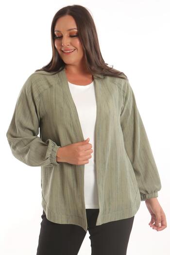 Metpoint Trend42plus Büyük Beden Kumaşı Çizgili Kolları Lastikli Oversize Haki Ceket