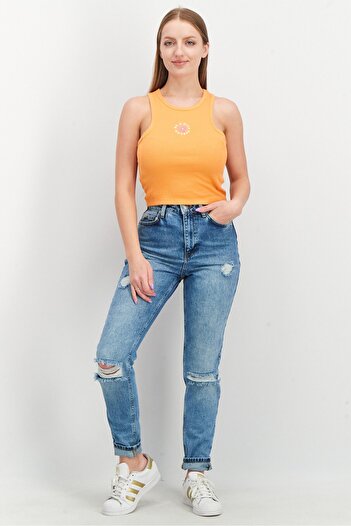 Sinsay Women Round Neck Sleeveless Embroidered Tank Top, Orange