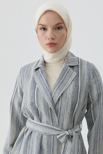 Tuğba Kuşaklı Çizgili Blazer Ceket - İndigo