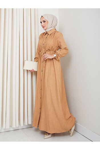 HARMAN BUTİK Women's Gathered Detailed Belted Buttoned Mustard Dress