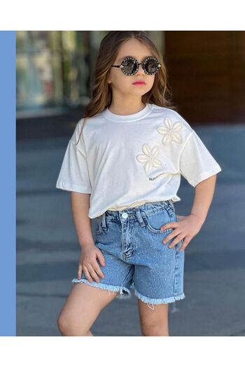 cgboutiquestylekids Embroidered Flower and Stone Combination Denim Shorts Stone Girl's Bottom Top Set