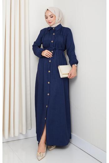 HARMAN BUTİK Women's Gathered Detailed Belted Buttoned Navy Blue Dress