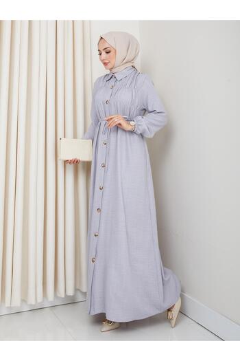 HARMAN BUTİK Women's Gathered Detailed Belted Buttoned Gray Dress