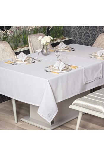 Cotton Box Embroidered Tablecloth Set, Cotton Box, White Pear